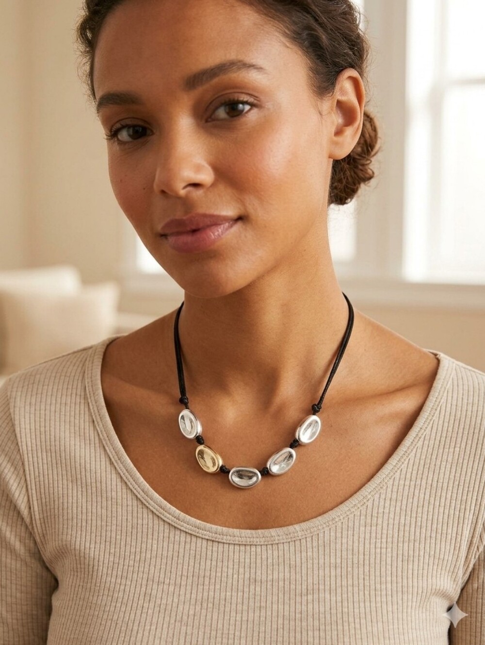 J. Jill Stylish Sculpted Mixed Metal Necklace w/ Black Adjustable Silk Cord NWT